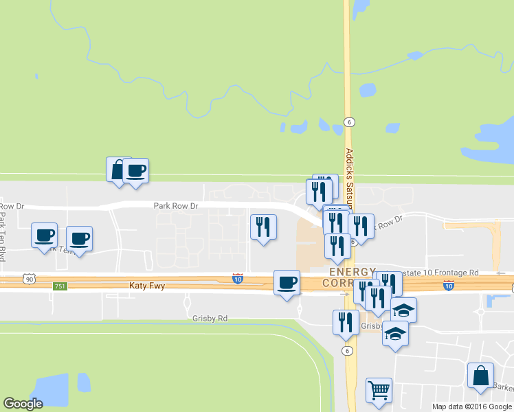 map of restaurants, bars, coffee shops, grocery stores, and more near 15115 Park Row Boulevard in Houston