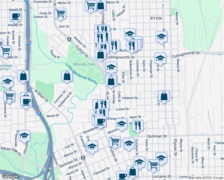 map of restaurants, bars, coffee shops, grocery stores, and more near 2906 Moore Street in Houston