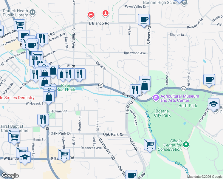 map of restaurants, bars, coffee shops, grocery stores, and more near 901 Cibolo Creek Trail in Boerne