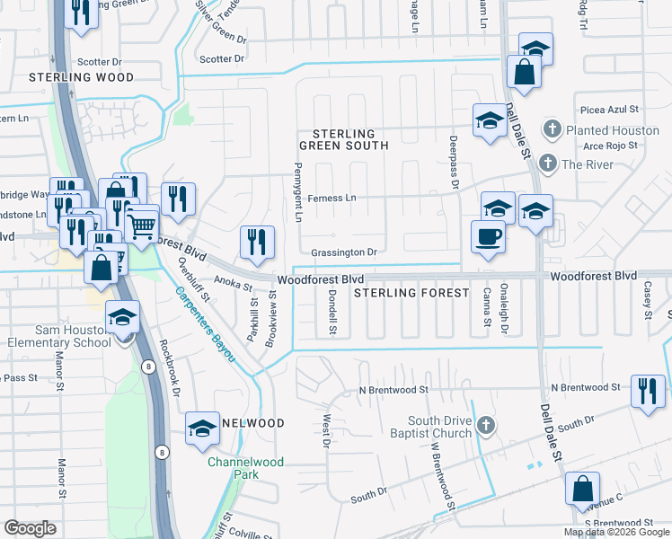 map of restaurants, bars, coffee shops, grocery stores, and more near 831 Doncrest Street in Channelview