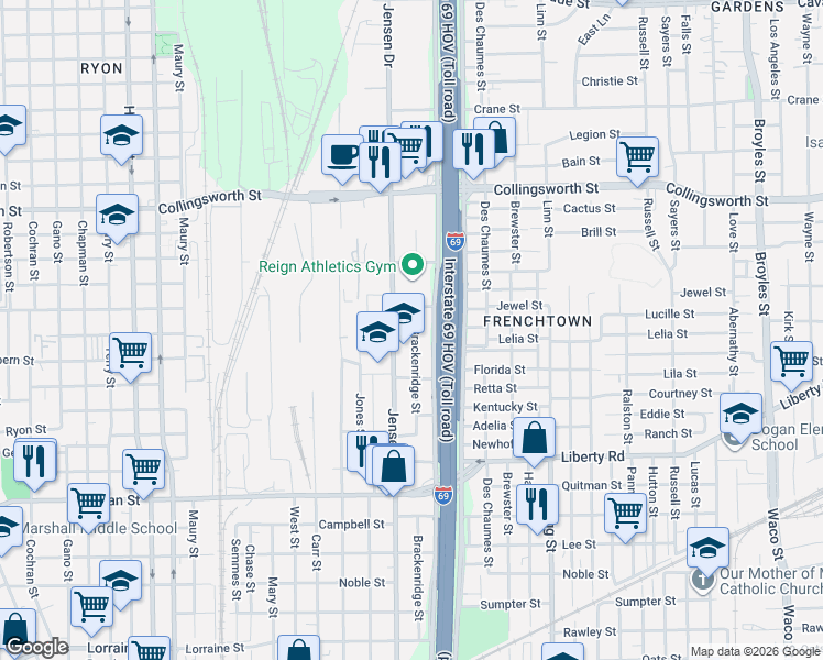 map of restaurants, bars, coffee shops, grocery stores, and more near 2933 Brackenridge Street in Houston