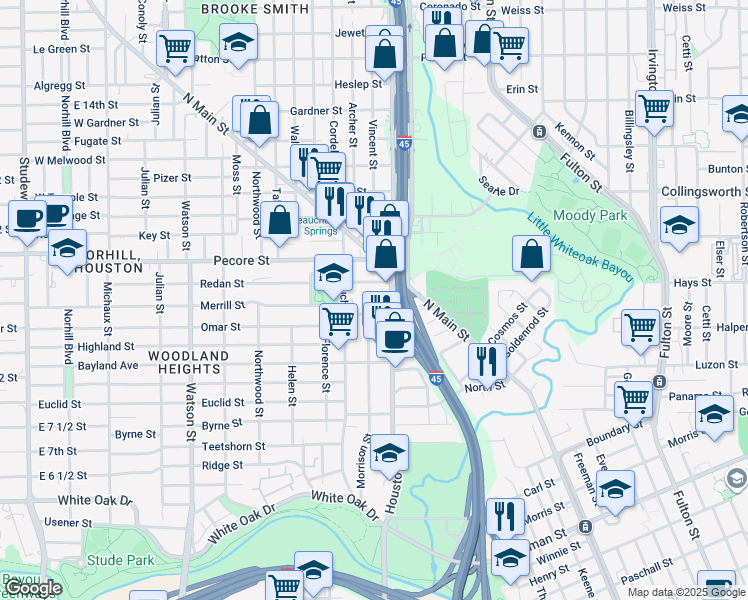 map of restaurants, bars, coffee shops, grocery stores, and more near 3324 Morrison Street in Houston