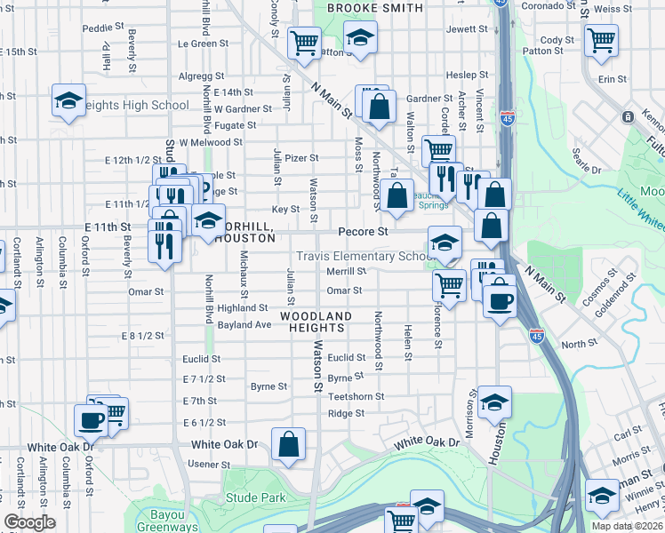 map of restaurants, bars, coffee shops, grocery stores, and more near 3414 Watson Street in Houston