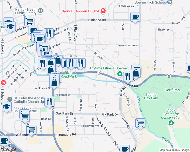map of restaurants, bars, coffee shops, grocery stores, and more near 110 Greyhound Circle in Boerne