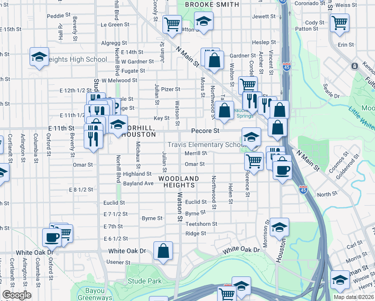 map of restaurants, bars, coffee shops, grocery stores, and more near 3414 Watson Street in Houston