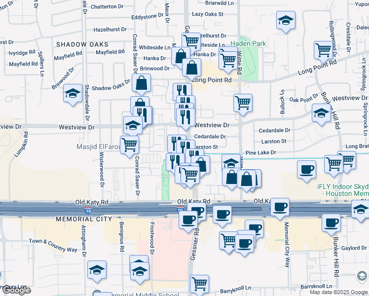 map of restaurants, bars, coffee shops, grocery stores, and more near 1065 Gessner Road in Houston