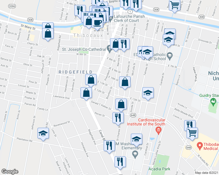 map of restaurants, bars, coffee shops, grocery stores, and more near 1100 Bourbon Street in Thibodaux