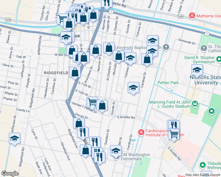 map of restaurants, bars, coffee shops, grocery stores, and more near 961 Saint Charles Street in Thibodaux