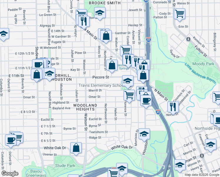 map of restaurants, bars, coffee shops, grocery stores, and more near 521 Omar Street in Houston