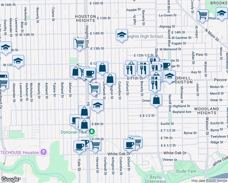 map of restaurants, bars, coffee shops, grocery stores, and more near 940 Arlington Street in Houston
