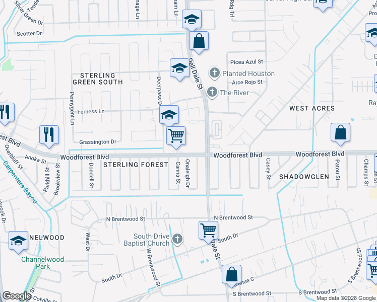 map of restaurants, bars, coffee shops, grocery stores, and more near 15227 Woodforest Boulevard in Channelview