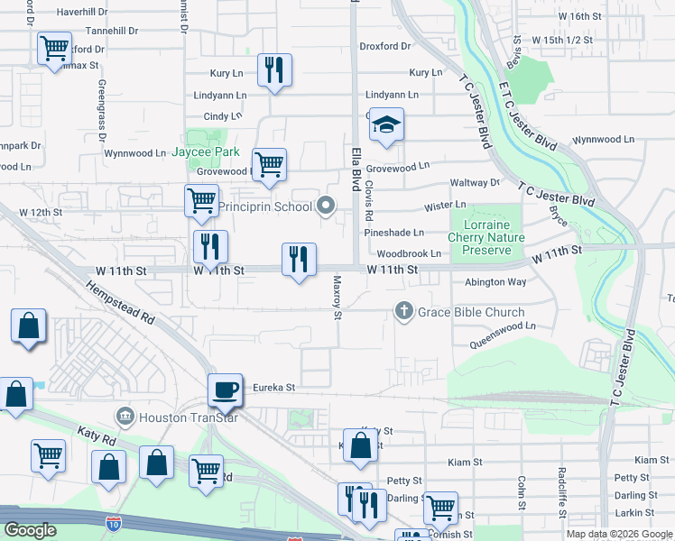 map of restaurants, bars, coffee shops, grocery stores, and more near W 11th St & Maxroy St in Houston