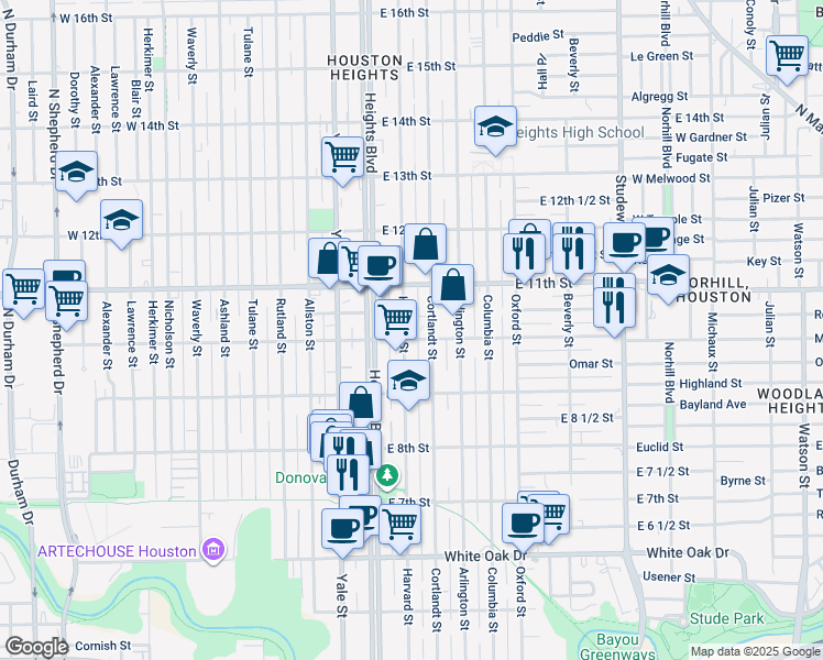 map of restaurants, bars, coffee shops, grocery stores, and more near 201 East 10th Street in Houston