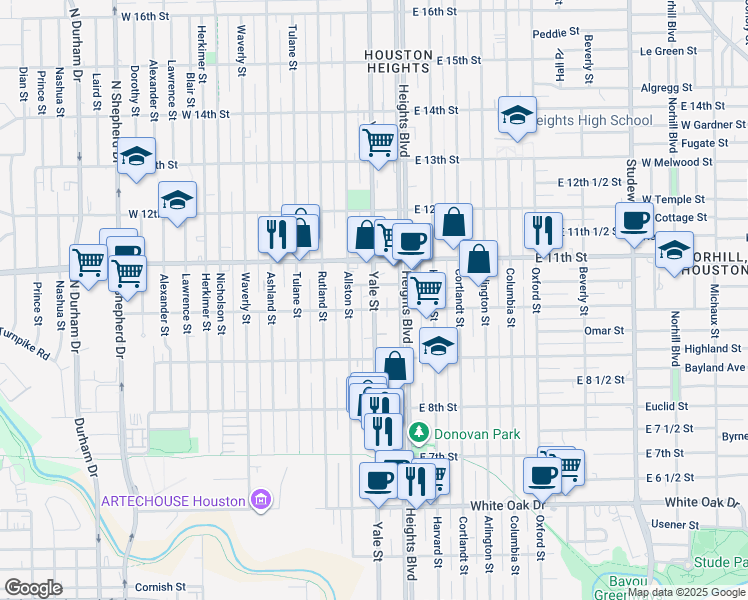 map of restaurants, bars, coffee shops, grocery stores, and more near 116 West 10th Street in Houston