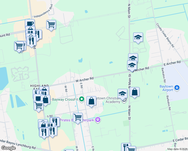 map of restaurants, bars, coffee shops, grocery stores, and more near 315 West Archer Road in Baytown