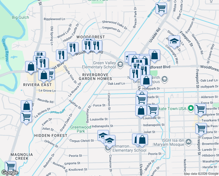 map of restaurants, bars, coffee shops, grocery stores, and more near 13214 Hollypark Drive in Houston