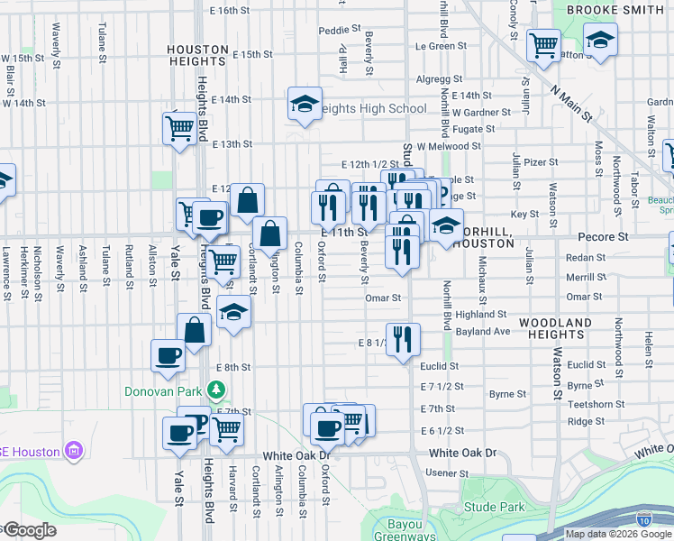 map of restaurants, bars, coffee shops, grocery stores, and more near 626 East 10th Street in Houston