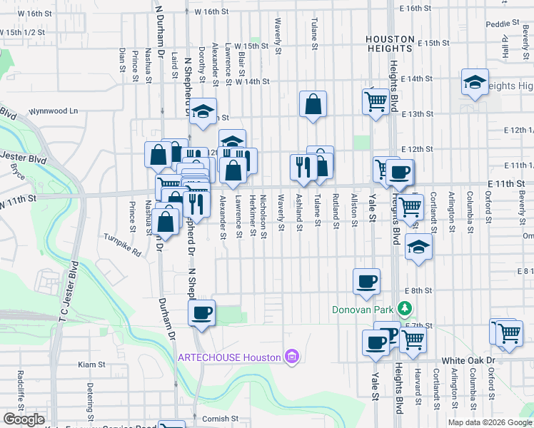 map of restaurants, bars, coffee shops, grocery stores, and more near 936 Herkimer Street in Houston