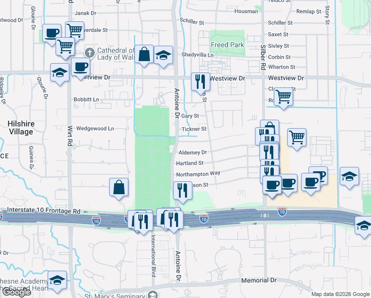 map of restaurants, bars, coffee shops, grocery stores, and more near 7211 Alderney Drive in Houston