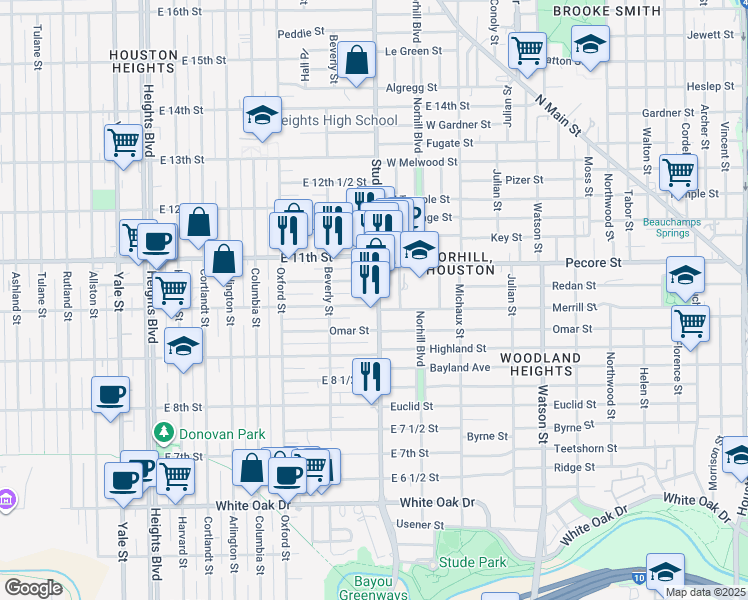 map of restaurants, bars, coffee shops, grocery stores, and more near 933 Studewood Street in Houston