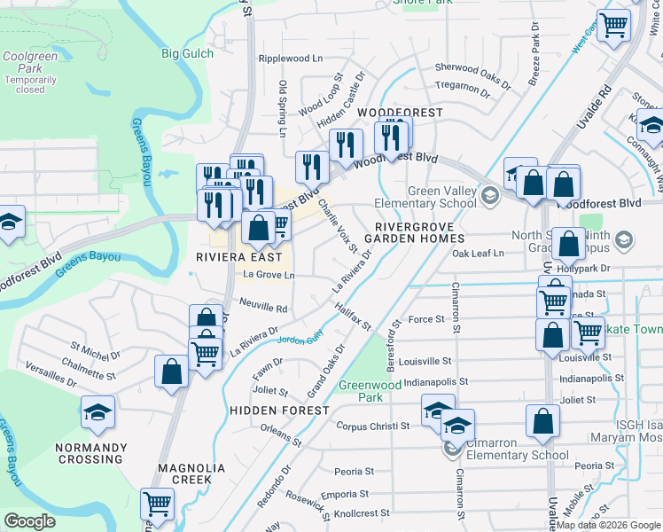 map of restaurants, bars, coffee shops, grocery stores, and more near 12738 La Grove Lane in Houston