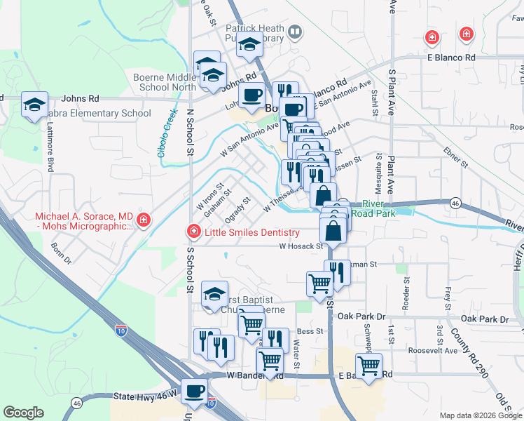 map of restaurants, bars, coffee shops, grocery stores, and more near 226 West Evergreen Street in Boerne