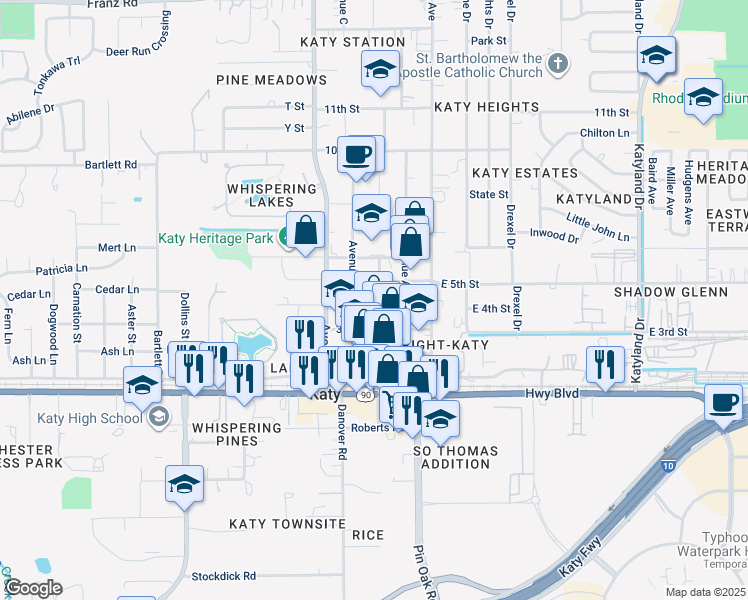 map of restaurants, bars, coffee shops, grocery stores, and more near 5718 3rd Street in Katy