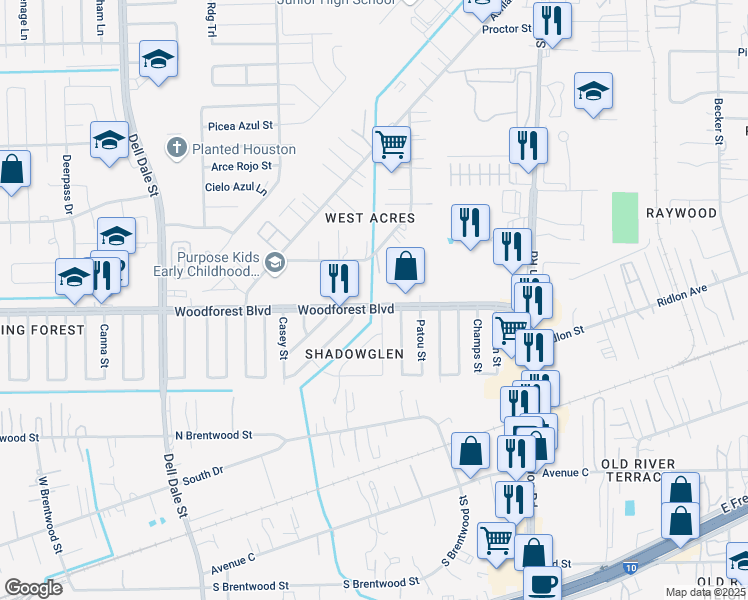 map of restaurants, bars, coffee shops, grocery stores, and more near 15450 Elgin Street in Channelview