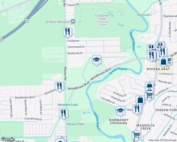 map of restaurants, bars, coffee shops, grocery stores, and more near 12411 Wood Forest Drive in Houston