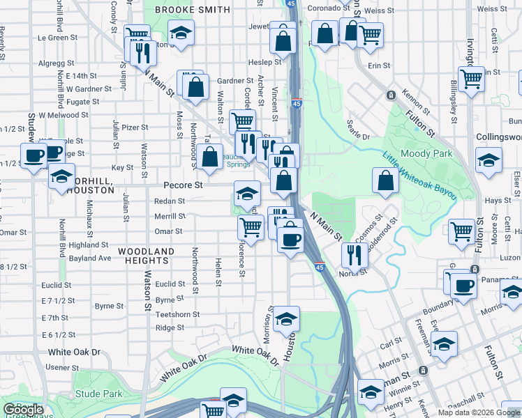 map of restaurants, bars, coffee shops, grocery stores, and more near 300 Quinn Street in Houston