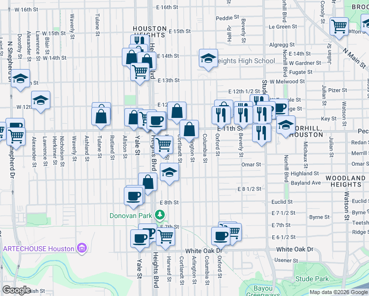map of restaurants, bars, coffee shops, grocery stores, and more near 1035 Cortlandt Street in Houston