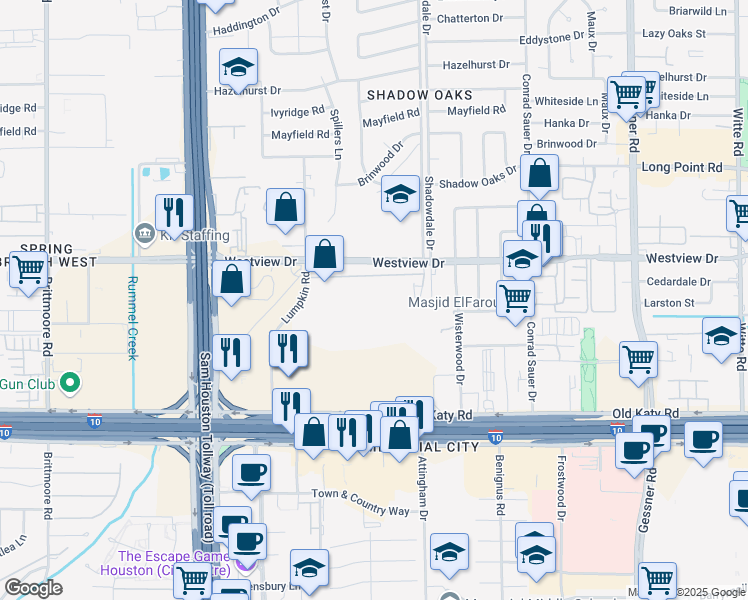map of restaurants, bars, coffee shops, grocery stores, and more near 1235 Shadowdale Drive in Houston