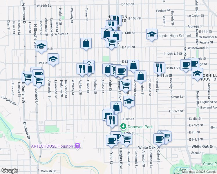 map of restaurants, bars, coffee shops, grocery stores, and more near in Houston