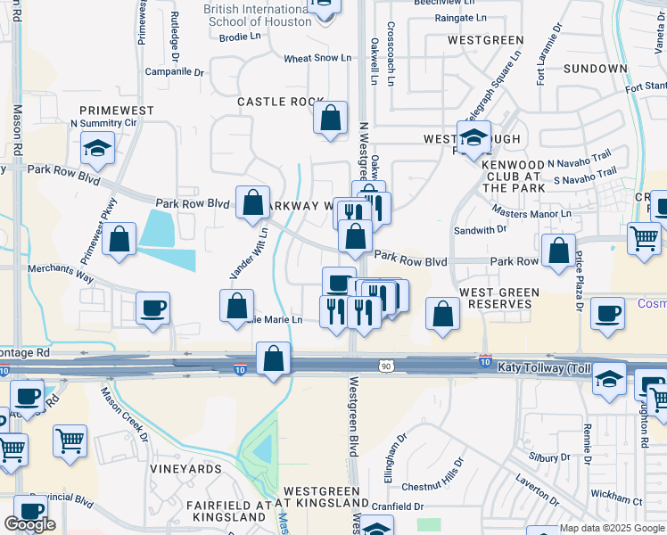 map of restaurants, bars, coffee shops, grocery stores, and more near 1602 Brickarbor Drive in Katy