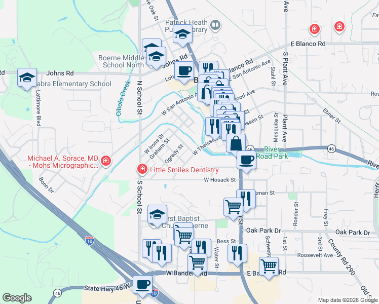 map of restaurants, bars, coffee shops, grocery stores, and more near 431 Herff Street in Boerne