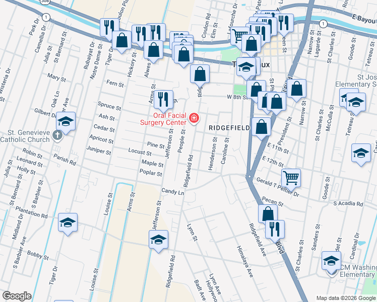 map of restaurants, bars, coffee shops, grocery stores, and more near 1016-1019 Ridgefield Road in Thibodaux