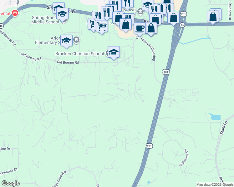 map of restaurants, bars, coffee shops, grocery stores, and more near 100 Still Ridge in Bulverde