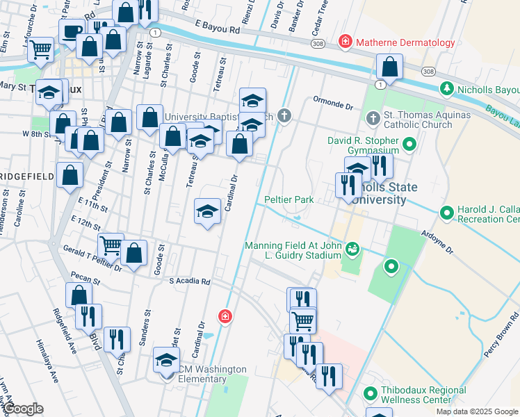 map of restaurants, bars, coffee shops, grocery stores, and more near 726 Bayou Lane in Thibodaux