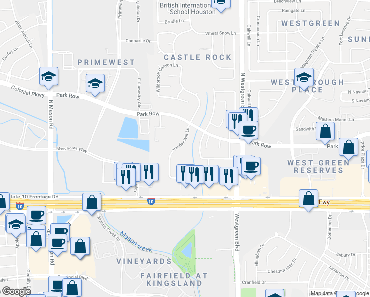 map of restaurants, bars, coffee shops, grocery stores, and more near 1430 Vander Wilt Lane in Katy