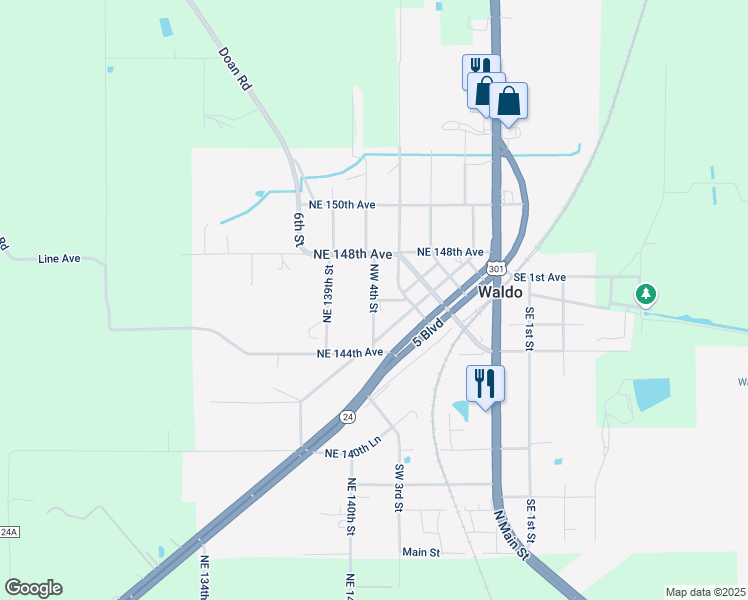 map of restaurants, bars, coffee shops, grocery stores, and more near Northeast 141st Street in Waldo