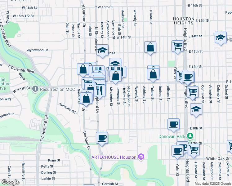 map of restaurants, bars, coffee shops, grocery stores, and more near 1034 Alexander Street in Houston