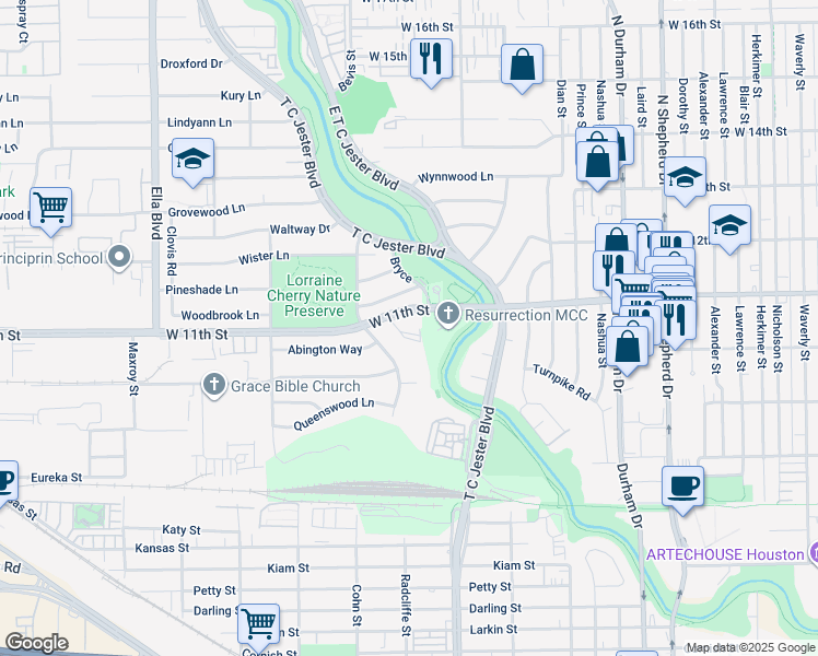 map of restaurants, bars, coffee shops, grocery stores, and more near in Houston