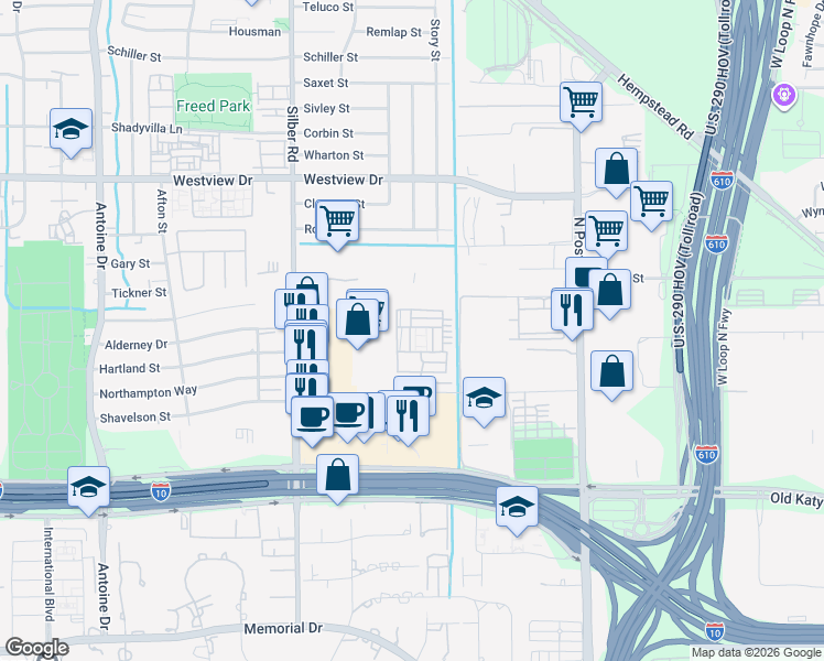map of restaurants, bars, coffee shops, grocery stores, and more near 7519 Little Caprese Lane in Houston