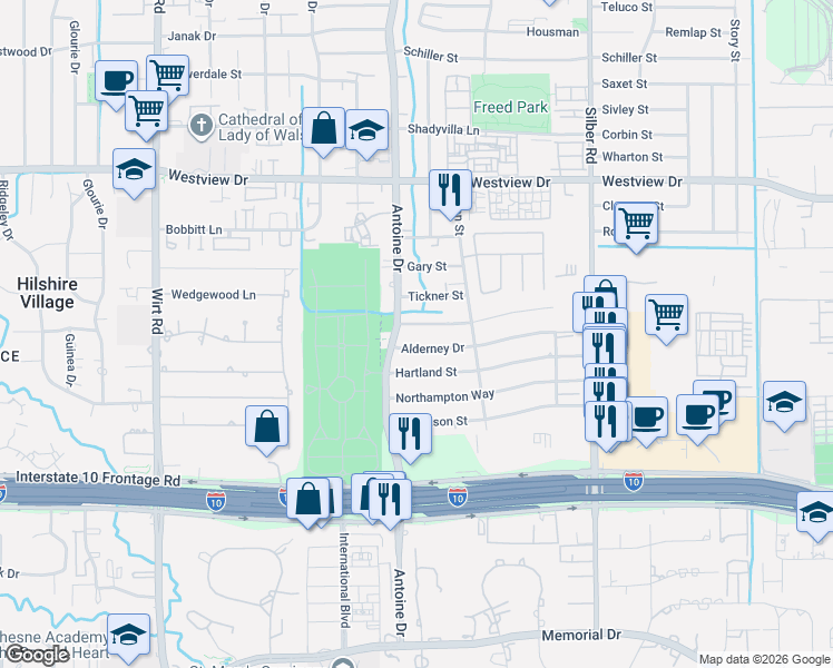 map of restaurants, bars, coffee shops, grocery stores, and more near 7218 Blandford Lane in Houston