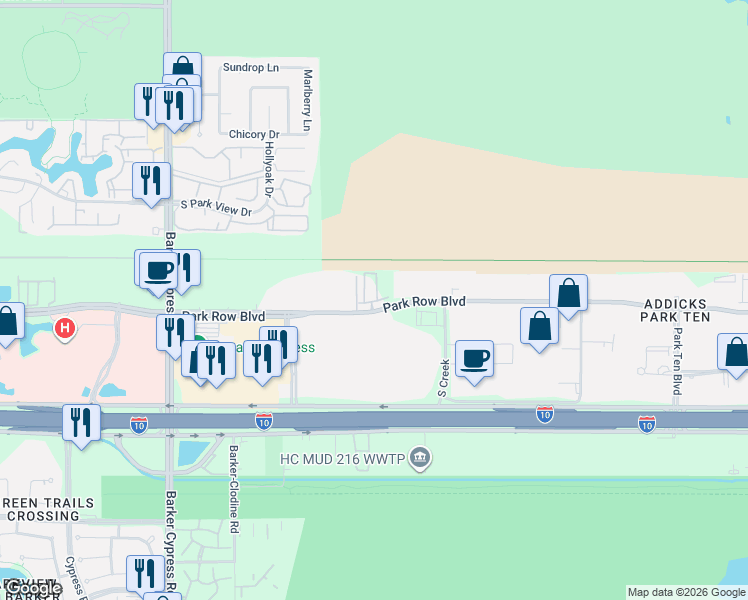 map of restaurants, bars, coffee shops, grocery stores, and more near 16930 Park Row in Houston