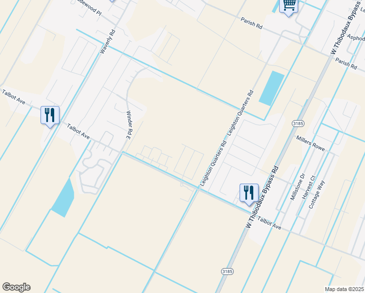map of restaurants, bars, coffee shops, grocery stores, and more near 123 Laverne Drive in Thibodaux