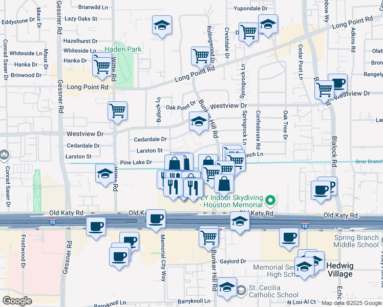 map of restaurants, bars, coffee shops, grocery stores, and more near 9762 Pine Lake Drive in Houston