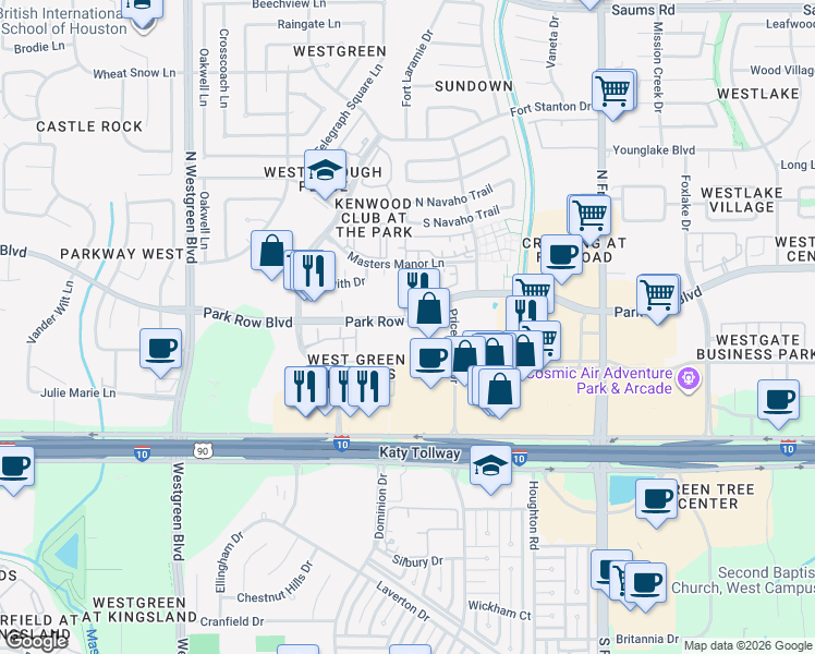 map of restaurants, bars, coffee shops, grocery stores, and more near 20150 Park Row in Katy