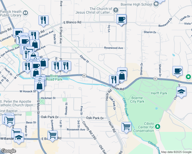 map of restaurants, bars, coffee shops, grocery stores, and more near 123 Aransas Pass in Boerne