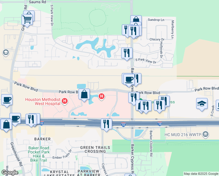 map of restaurants, bars, coffee shops, grocery stores, and more near 18210 Park Row Boulevard in Houston